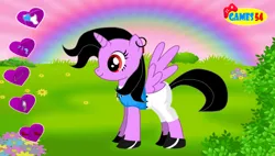 Size: 1125x637 | Tagged: safe, derpibooru import, oc, unofficial characters only, alicorn, pony, pony creator, bush, clothes, dressup game, ear piercing, earring, female, flash game, flower, grass, heart, horn, image, jewelry, jpeg, necklace, piercing, rainbow, shoes, sky, watermark, wings