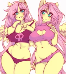 Size: 695x774 | Tagged: suggestive, artist:tolsticot, derpibooru import, fluttershy, anthro, pegasus, belly button, big breasts, blushing, boob window, bra, breasts, busty fluttershy, cameltoe, cleavage, clothes, curvy, duality, ear piercing, eye clipping through hair, eyelashes, hourglass figure, image, midriff, off shoulder, panties, panty pull, piercing, png, self paradox, self ponidox, simple background, stupid sexy fluttershy, thighs, thong, underwear, white background, wide hips