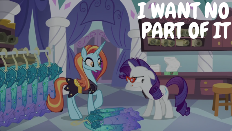 Size: 1920x1080 | Tagged: safe, derpibooru import, edit, edited screencap, editor:quoterific, screencap, rarity, sassy saddles, pony, unicorn, canterlot boutique, angry, clothes, clothes hanger, dress, duo, duo female, female, glasses, image, mare, messy mane, open mouth, png, princess dress, raised hoof, rarity is not amused, rarity's glasses, stool, surprised, unamused