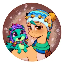 Size: 2300x2300 | Tagged: safe, artist:kotya, derpibooru import, hitch trailblazer, sparky sparkeroni, dragon, earth pony, pony, clothes, g5, image, looking at you, png, scarf, smiling, snow, snowfall, solo