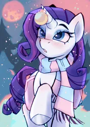 Size: 2480x3508 | Tagged: safe, artist:kotya, derpibooru import, rarity, pony, unicorn, clothes, full moon, image, moon, ornament, png, scarf, snow, snowfall, solo, winter