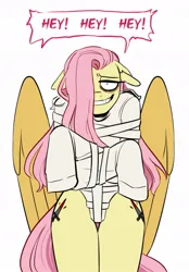 Size: 683x983 | Tagged: safe, artist:redxbacon, derpibooru import, fluttershy, anthro, pegasus, .mov, shed.mov, bags under eyes, bondage, dialogue, fluttershed, hair over one eye, image, jpeg, simple background, solo, straitjacket, white background, wide smile