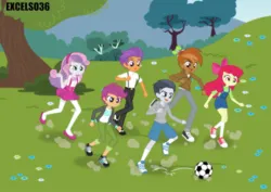 Size: 1120x792 | Tagged: safe, artist:excelso36, derpibooru import, apple bloom, button mash, rumble, scootaloo, sweetie belle, tender taps, human, equestria girls, ball, casual, clothes, commission, converse, dialogue, equestria girls-ified, female, football, image, jpeg, male, park, playing, shoes, sports, suspenders, trash can, walking