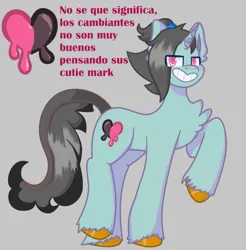 Size: 787x800 | Tagged: safe, artist:flower-black, derpibooru import, oc, oc:flower black, pony, unicorn, derpibooru exclusive, disguise, disguised changeling, image, png, ponysona, smiling, spanish