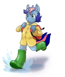 Size: 1092x1280 | Tagged: safe, artist:ketzel99, derpibooru import, oc, oc:ryo, unofficial characters only, anthro, unicorn, backpack, clothes, horn, image, jpeg, puddle, rain boots, raincoat, simple background, solo, unicorn oc, water, white background