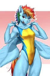Size: 2000x3000 | Tagged: suggestive, artist:mykegreywolf, derpibooru import, rainbow dash, anthro, pegasus, breasts, clothes, female, image, jpeg, looking at you, muscles, muscular female, one-piece swimsuit, pulling clothes, raised eyebrow, solo, solo female, spread wings, swimsuit, tongue out, wings