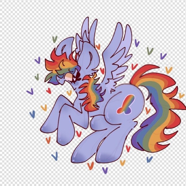 Size: 698x697 | Tagged: source needed, useless source url, questionable, artist:juicy zone, derpibooru import, rainbow dash, pegasus, pony, alpha channel, alternate cutie mark, checkered background, female, heart, heart eyes, ibispaint x, image, jpeg, nudity, open mouth, phallic symbol, smiling, solo, wingding eyes