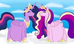 Size: 5088x3071 | Tagged: safe, artist:chelseawest, derpibooru import, princess cadance, princess twilight 2.0, twilight sparkle, twilight sparkle (alicorn), alicorn, pony, the last problem, belly, big belly, cloud, dialogue in the description, female, fetus, gif, happy, huge belly, hyper, hyper belly, hyper pregnancy, image, impossibly large belly, mare, multiple pregnancy, older, older twilight, pregdance, preglight sparkle, pregnant, smiling, uterus, x-ray