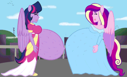 Size: 5088x3071 | Tagged: suggestive, artist:chelseawest, derpibooru import, princess cadance, princess twilight 2.0, twilight sparkle, twilight sparkle (alicorn), alicorn, equestria girls, the last problem, belly, big belly, dialogue in the description, fetus, gif, happy, huge belly, hyper, hyper belly, hyper pregnancy, image, impossibly large belly, kicking, multiple pregnancy, older, older twilight, ponied up, pregdance, preglight sparkle, pregnant, smiling, uterus, x-ray