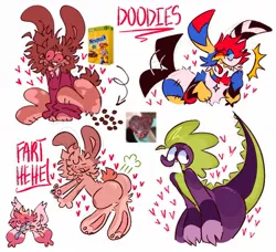 Size: 1200x1094 | Tagged: source needed, useless source url, suggestive, artist:juicy zone, derpibooru import, spike, oc, cat, dog, dragon, hybrid, rabbit, semi-anthro, animal, butt, cereal, doodle, drugs, fangs, fart, fart cloud, female, food, furry, group, heart, image, implied pooping, jpeg, male, marijuana, nesquik, non-mlp oc, open mouth, simple background, smiling, text, white background