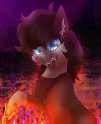 Size: 2333x2872 | Tagged: safe, artist:thatonefluffs, derpibooru import, oc, oc:misanthropic misery, pony, chin fluff, clothes, ear piercing, earring, fire, image, jewelry, looking at you, nose piercing, overalls, piercing, png, ponysona, shading, sharp teeth, solo, teeth, watermark