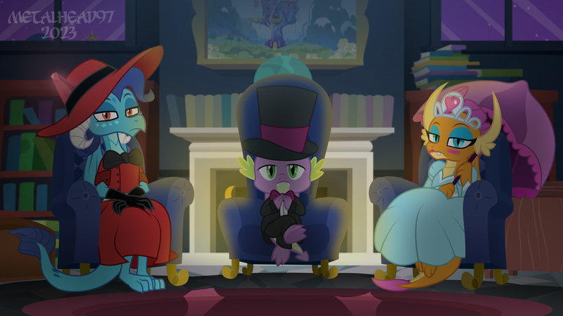 Size: 8000x4500 | Tagged: safe, artist:metalhead97, derpibooru import, princess ember, smolder, spike, dragon, bowtie, clothes, dragoness, dress, female, fireplace, hat, image, looking at you, night, outfit, png, princess smolder, room, serious, serious face, show accurate, smolder also dresses in style, top hat