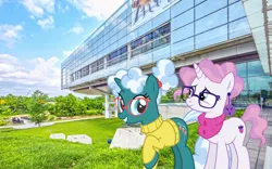 Size: 2048x1275 | Tagged: safe, artist:cheezedoodle96, artist:dragonchaser123, artist:jaredking779, derpibooru import, edit, bellflower blurb, raspberry latte, pony, unicorn, arkansas, clothes, duo, ear piercing, earring, female, glasses, image, irl, jewelry, jpeg, library, little rock, mare, photo, piercing, ponies in real life, sweater