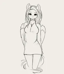 Size: 2760x3184 | Tagged: safe, artist:miokomata, derpibooru import, fluttershy, anthro, pegasus, clothes, dress, freckles, image, jpeg, looking at you, sketch, smiling, solo