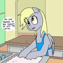 Size: 1200x1200 | Tagged: safe, artist:pony quarantine, derpibooru import, derpy hooves, pegasus, pony, apron, bipedal, clothes, dialogue, dishwashing, eye clipping through hair, female, image, jpeg, mare, sink, solo, speech bubble