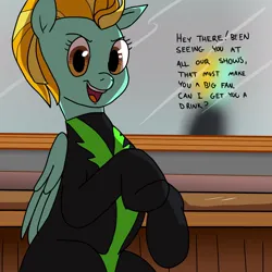 Size: 1200x1200 | Tagged: safe, artist:pony quarantine, derpibooru import, lightning dust, pegasus, pony, bar, clothes, dialogue, female, image, jpeg, mare, open mouth, open smile, sitting, smiling, solo, talking to viewer, uniform, washouts uniform