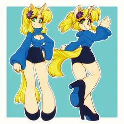 Size: 1417x1417 | Tagged: safe, artist:tolsticot, derpibooru import, oc, unofficial characters only, anthro, unicorn, boob window, breasts, cleavage, clothes, eyebrows, eyebrows visible through hair, flower, flower in hair, high heels, image, keyhole turtleneck, looking at you, looking back, looking back at you, miniskirt, png, shoes, skirt, smiling, smiling at you, solo, sweater, turtleneck