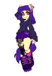 Size: 2250x3294 | Tagged: safe, artist:tolsticot, derpibooru import, oc, unofficial characters only, anthro, earth pony, boots, clothes, ear piercing, earring, image, jewelry, jpeg, looking at you, piercing, plaid skirt, ripped stockings, shoes, skirt, smiling, socks, solo, stockings, sweater, thigh highs, torn clothes