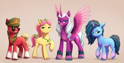 Size: 2500x1280 | Tagged: safe, artist:luminousdazzle, derpibooru import, posey (g5), sprout cloverleaf, alicorn, earth pony, pony, unicorn, g5, spoiler:g5, antagonist, bow, bracelet, emperor sprout, female, gradient hooves, grin, hair bow, image, jewelry, looking at you, male, mare, misty brightdawn, necklace, opaline arcana, png, ponytail, shy, simple background, smiling, stallion, tail, unshorn fetlocks, wavy mane, wavy tail