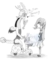 Size: 530x648 | Tagged: safe, artist:missstoryholic, derpibooru import, discord, draconequus, human, twilight's kingdom, blythe baxter, crossover, dialogue, duo, duo male and female, female, helmet, image, jpeg, littlest pet shop, looking at each other, looking at someone, male, monochrome, scooter, simple background, unamused, white background