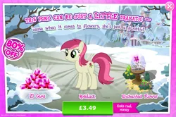 Size: 1961x1300 | Tagged: safe, derpibooru import, official, roseluck, earth pony, pony, advertisement, background character, background pony, bush, costs real money, english, female, flower, gameloft, gem, image, jpeg, magic, mare, mobile game, my little pony: magic princess, numbers, sale, solo, solo focus, text
