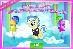 Size: 1956x1295 | Tagged: safe, derpibooru import, official, strike, earth pony, pony, advertisement, background character, background pony, balloon, balloon pop, clothes, colt, english, foal, gameloft, image, jpeg, male, mobile game, my little pony: magic princess, numbers, shirt, solo, solo focus, stallion, text