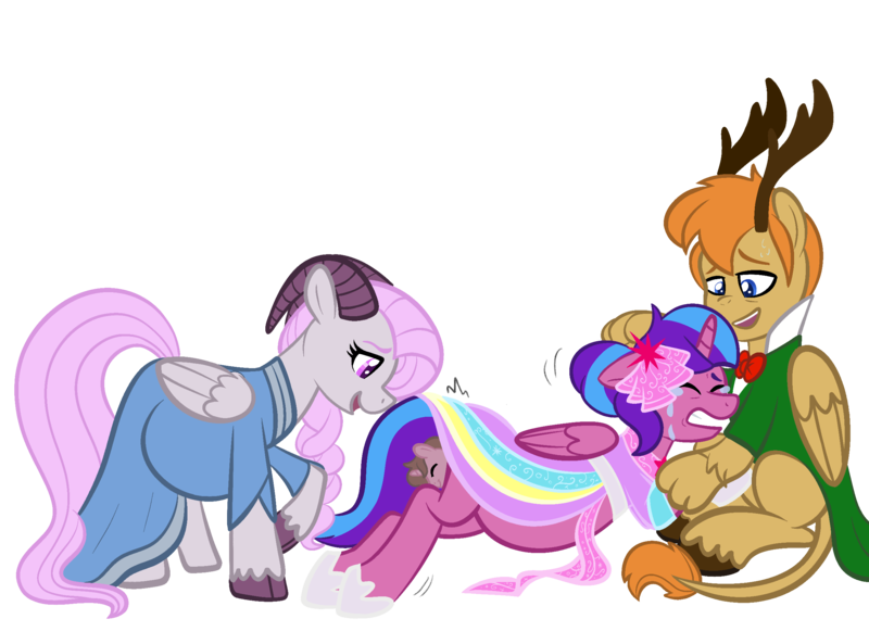 Size: 2472x1831 | Tagged: questionable, artist:chelseawest, derpibooru import, oc, oc:beryl (discoshy), oc:chaos control, oc:melody aurora, alicorn, hybrid, alicorn oc, birth, birthing, clothes, comforting, crowning, crying, dress, foaling, gala dress, giving birth, horn, image, interspecies offspring, labor, multiple pregnancy, offspring, offspring shipping, offspring's offspring, parent:discord, parent:flash sentry, parent:fluttershy, parent:twilight sparkle, parents:discoshy, parents:flashlight, png, pregnant, wings