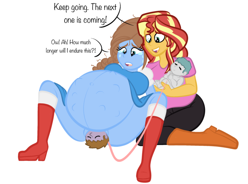 Size: 2472x1831 | Tagged: questionable, artist:chelseawest, derpibooru import, sunset shimmer, oc, oc:blue bonnet, baby, belly button, birth, birthing, crowning, crying, dialogue, giving birth, image, kicking, labor, linea nigra, messy hair, multiple pregnancy, outie belly button, parent:oc:blue bonnet, png, pregnant, umbilical cord