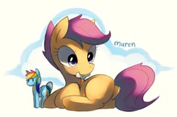 Size: 1330x880 | Tagged: safe, alternate version, artist:maren, derpibooru import, rainbow dash, scootaloo, pony, butt, cutie mark, female, filly, foal, image, lying down, mouth hold, plot, png, prone, rainbow dash's cutie mark, scootabutt, simple background, solo, sticker, toy, wingless