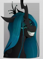 Size: 1632x2244 | Tagged: safe, artist:superduperath, derpibooru import, queen chrysalis, changeling, changeling queen, big grin, fangs, female, grin, image, jpeg, lidded eyes, long fangs, sharp teeth, smiling, solo, teeth