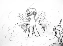 Size: 835x612 | Tagged: safe, artist:anonymous, derpibooru import, dust devil, pegasus, pony, female, image, landing, mare, monochrome, png, question mark, sketch, spread wings, sunglasses, tornado, wings