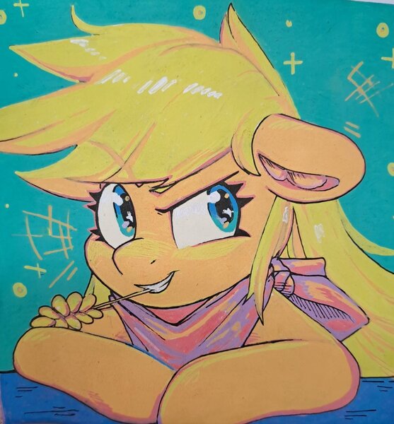 Size: 1308x1409 | Tagged: safe, artist:krista-21, derpibooru import, applejack, earth pony, pony, eyebrows, eyebrows visible through hair, floppy ears, grin, image, jpeg, smiling, solo, straw in mouth, traditional art