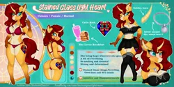 Size: 3000x1500 | Tagged: safe, artist:stainedglasslighthea, derpibooru import, oc, oc:stained glass light heart, unofficial characters only, anthro, digitigrade anthro, unicorn, ass, barely pony related, big breasts, bikini, breasts, butt, clothes, curved horn, eyebrows, eyebrows visible through hair, female, horn, image, jpeg, looking at you, looking back, looking back at you, midriff, one eye closed, reference sheet, sideboob, skirt, smiling, solo, solo female, swimsuit, top, wink