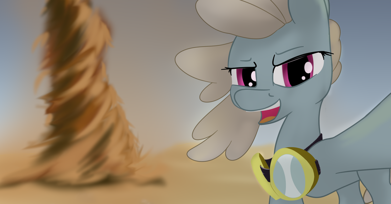 Size: 2548x1332 | Tagged: safe, artist:anonymous, derpibooru import, dust devil, pegasus, pony, desert, female, goggles, here it comes, image, looking at you, mare, parody, png, smiling, solo, taking a photo, tornado, wind, windy, wings