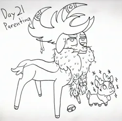 Size: 2679x2652 | Tagged: safe, artist:spoopygirl, derpibooru import, velvet reindeer, deer, reindeer, them's fightin' herds, community related, doe, father and child, father and daughter, female, image, jpeg, lineart, male, messy mane, parenting, traditional art