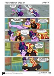 Size: 2726x3802 | Tagged: suggestive, artist:atariboy2600, artist:bluecarnationstudios, derpibooru import, rarity, sci-twi, spike, sunset shimmer, twilight sparkle, dog, human, comic:the amazonian effect, comic:the amazonian effect iv, equestria girls, abuse, ass, breasts, buff breasts, butt, carousel boutique, clothes, comic, female, hug, image, jacket, male, muscles, muscular female, overdeveloped muscles, png, rearity, ripped rarity, running away, sunset lifter, twolight