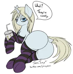 Size: 865x876 | Tagged: suggestive, artist:jessijinx, derpibooru import, oc, oc:synthwave, unofficial characters only, pony, unicorn, /mlp/, 4chan, bags under eyes, blonde, blonde mane, blonde tail, butt, clothes, dock, drink, eyelashes, fast food, femboy, food, girly, holding, image, large butt, male, neet, png, sketch, socks, solo, stallion, tail, tired, trap