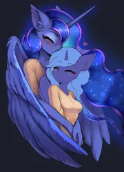 Size: 739x1024 | Tagged: safe, artist:dassboshit, artist:eiti3, artist:karmakstylez, derpibooru import, edit, princess luna, alicorn, anthro, pony, 1000 hours in paint.net, affection, blushing, cuddling, cute, duality, eyes closed, female, filly, floating heart, foal, heart, hug, image, lunabetes, paint.net, png, self paradox, time paradox, winghug, wings, woona, young, younger