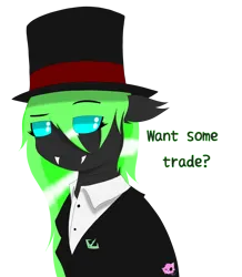 Size: 2296x2630 | Tagged: safe, artist:mairiathus, artist:more by mairiathus, changeling, blue eyes, clothes, eyebrows, fangs, image, meme, png, signature, suit, tophat