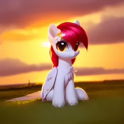 Size: 1024x1024 | Tagged: safe, derpibooru import, editor:jasmindreasond, machine learning generated, stable diffusion, oc, oc:tiny jasmini, unofficial characters only, pegasus, pony, chest fluff, cute, evening, female, grass, grass field, image, mare, pegasus oc, png, simple background, sky, smiling, solo, wings