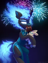 Size: 1500x2000 | Tagged: safe, artist:rrd-artist, derpibooru import, oc, oc:frosty tundra, unofficial characters only, kirin, nirik, cheongsam, chinese new year, clothes, dress, fire, fireworks, image, plushie, png