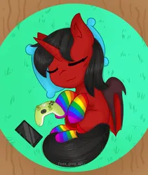 Size: 1487x1760 | Tagged: safe, artist:foxx_grey_art, derpibooru import, oc, unofficial characters only, alicorn, bat pony, bat pony alicorn, pony, bat wings, black mane, clothes, commission, controller, horn, image, jpeg, phone, pillow, rainbow socks, red coat, sleeping, socks, striped socks, wings, ych result, your character here