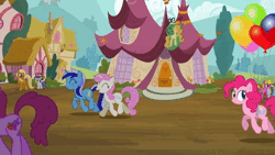 Size: 1920x1080 | Tagged: safe, fluttershy, pinkie pie, twilight sparkle, earth pony, pony, it's about time, season 2, 2013, animated, balloon, image, mp4, walking