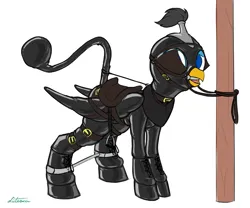 Size: 983x816 | Tagged: suggestive, artist:lutescu, edit, edited edit, editor:anonymous, gallus, gryphon, /mlp/ latex requests, bdsm, bit, bit gag, blinders, bondage, boots, bound legs, bound wings, bridle, clothes, collar, encasement, gag, garters, hitching post, hood, hoof boots, hoof gloves, horse collar, image, latex, latex suit, male, peytral, plume, png, pony play, raised tail, reins, saddle, shoes, signature, simple background, solo, solo male, spreader bar, tack, tail, tied to post, white background, wings