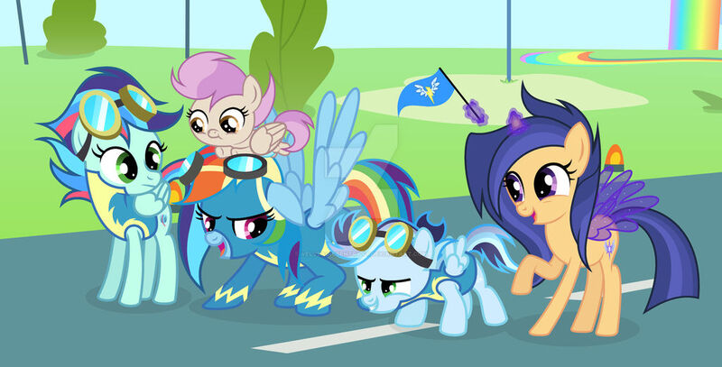 Size: 1024x521 | Tagged: safe, artist:velveagicsentryyt, derpibooru import, rainbow dash, oc, oc:fries, oc:prisdale, oc:rainbow blitzes, oc:velvet sentry, pony, baby, baby pony, base used, clothes, image, jpeg, magic, offspring, parent:flash sentry, parent:rainbow dash, parent:rumble, parent:scootaloo, parent:soarin', parent:twilight sparkle, parents:flashlight, parents:rumbloo, parents:soarindash, uniform, wonderbolts uniform