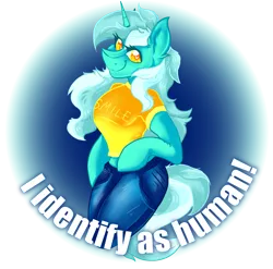 Size: 8601x8513 | Tagged: safe, artist:dankpegasista, derpibooru import, lyra heartstrings, anthro, unicorn, arm hooves, background pony, blue background, caption, clothes, denim, digital art, ear fluff, eyelashes, female, highlights, image, image macro, jeans, lineart, long hair, looking at you, orange eyes, pants, png, s.m.i.l.e., shirt, simple background, solo, solo female, sticker, text, transparent background