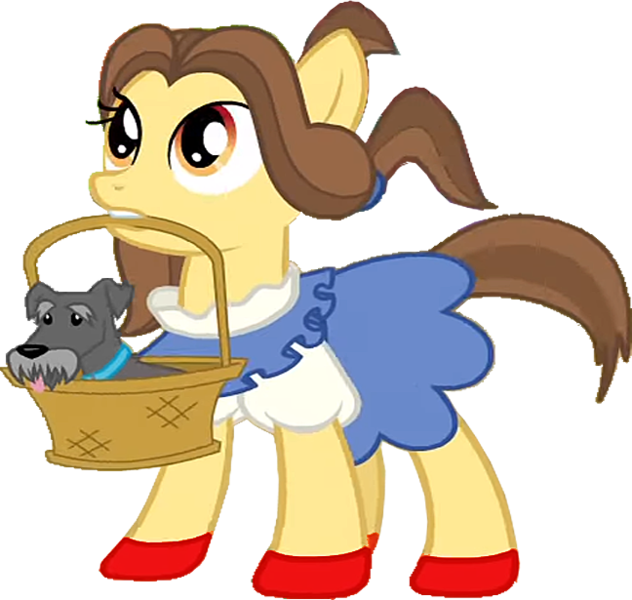 Size: 648x615 | Tagged: safe, derpibooru import, edit, edited screencap, screencap, ruby slippers (pony), dog, earth pony, pony, growing up is hard to do, background removed, basket, collar, dorothy, dorothy gale, duo, duo male and female, female, image, male, png, ruby slippers, the wizard of oz, toto