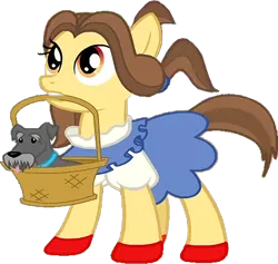 Size: 648x615 | Tagged: safe, derpibooru import, edit, edited screencap, screencap, ruby slippers (pony), dog, earth pony, pony, growing up is hard to do, background removed, basket, collar, dorothy, dorothy gale, duo, duo male and female, female, image, male, png, ruby slippers, the wizard of oz, toto