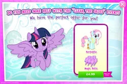 Size: 1965x1296 | Tagged: safe, derpibooru import, official, kerfuffle, twilight sparkle, twilight sparkle (alicorn), alicorn, pegasus, pony, advertisement, amputee, clear the skies, costs real money, disabled, energy, english, female, flying, folded wings, gameloft, horn, image, jpeg, mare, missing limb, mobile game, my little pony: magic princess, numbers, prosthetic leg, prosthetic limb, prosthetics, sale, solo, solo focus, spread wings, text, wings