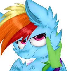 Size: 983x957 | Tagged: safe, artist:4agonism, derpibooru import, rainbow dash, oc, oc:anon, human, pegasus, pony, :c, >:c, bust, cheek fluff, chest fluff, chin fluff, duo, ear fluff, eyelashes, frown, holding head, image, looking sideways, male, nose wrinkle, offscreen character, offscreen human, offscreen male, png, signature, simple background, spread wings, wavy mouth, white background, wings